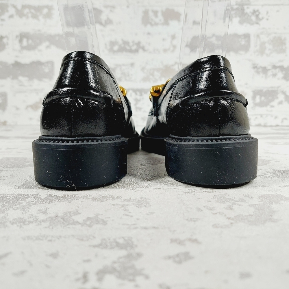 New Steve Madden Karmine Gleaming Black Leather Goldtone Hardware Loafer W945 - Picture 6 of 11